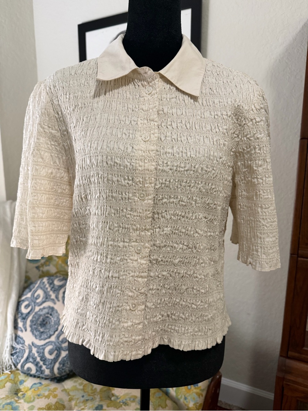 Veronica Beard Ivory Smocked Cotton Button Front Blouse Top L
